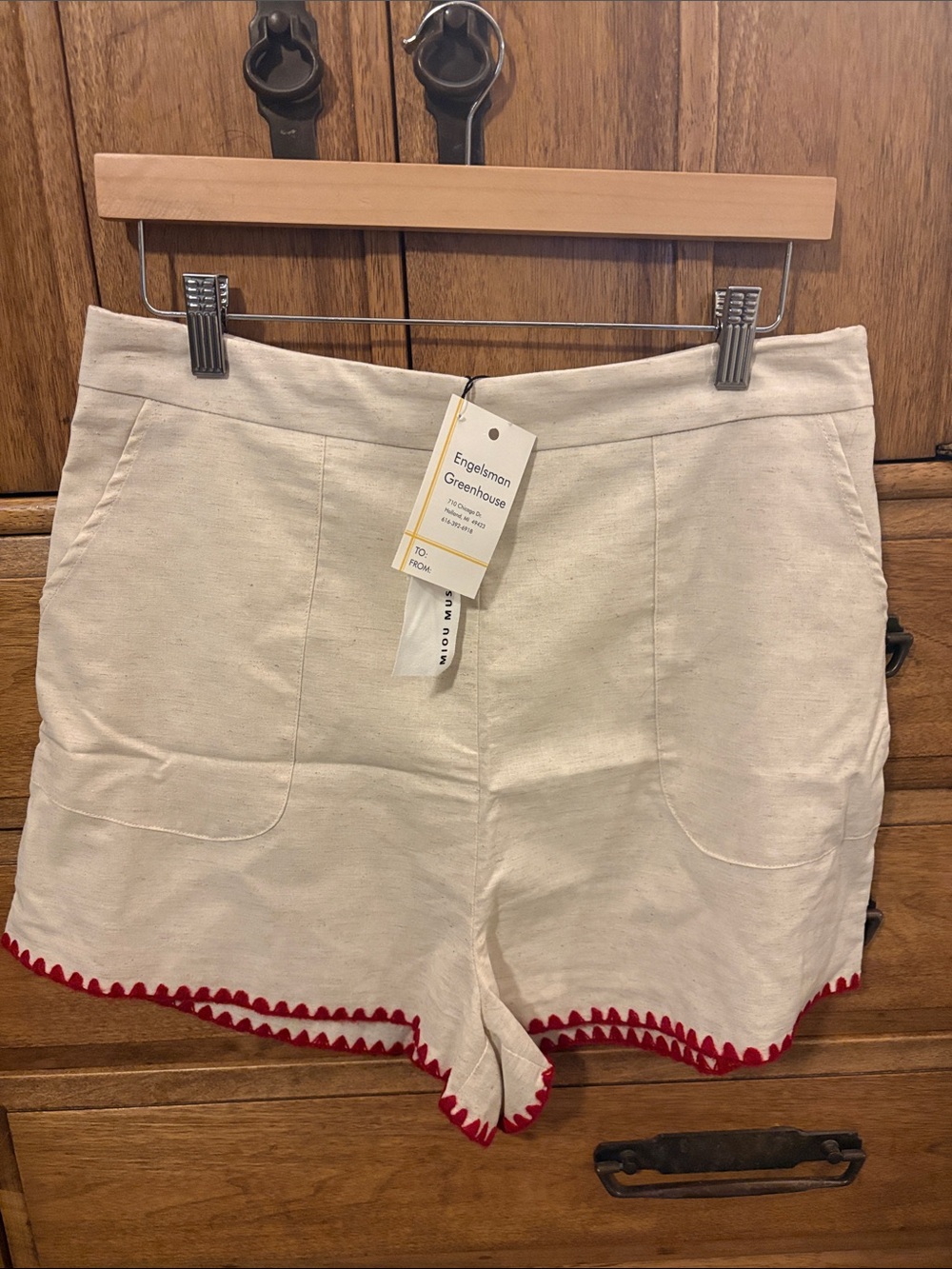 Miou Muse Cream High-Waist Shorts with Red Trim
